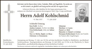 Traueranzeige Adolf Kohlschmid