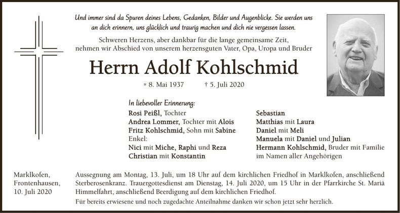 Traueranzeige Adolf Kohlschmid
