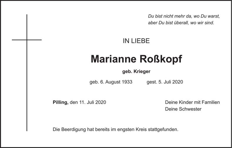 Traueranzeige Marianne Roßkopf