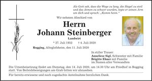 Traueranzeige Johann Steinberger