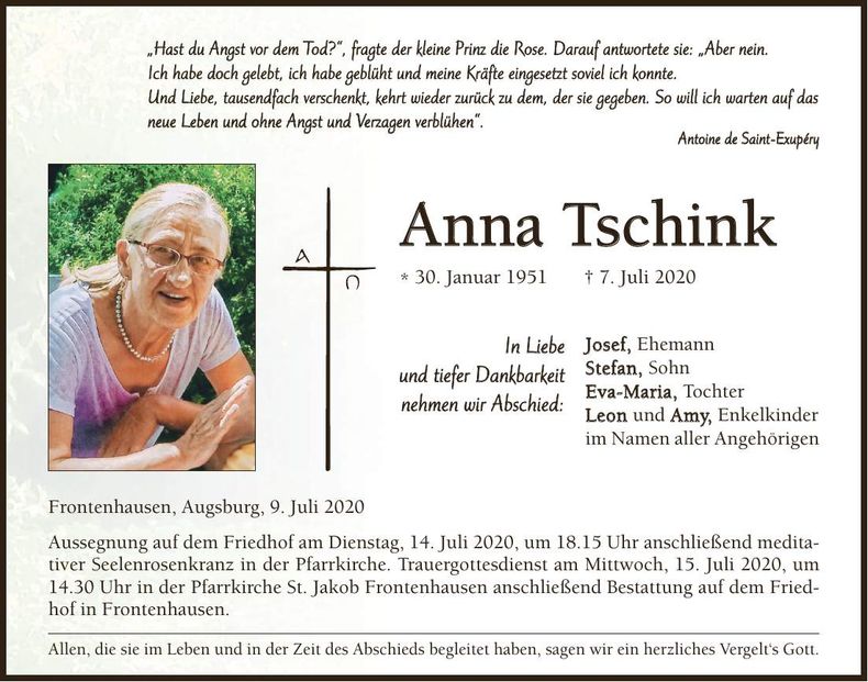 Traueranzeige Anna Tschink