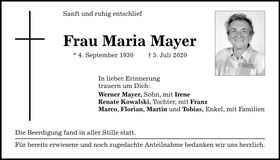 Traueranzeige Maria Mayer