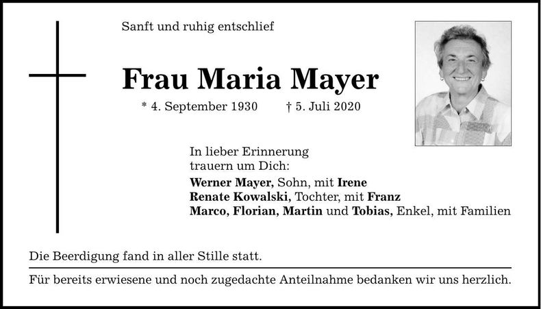 Traueranzeige Maria Mayer