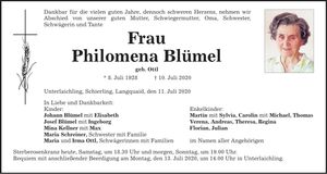 Traueranzeige Philomena Blümel