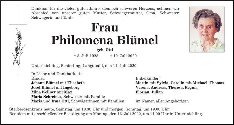 Traueranzeige Philomena Blümel