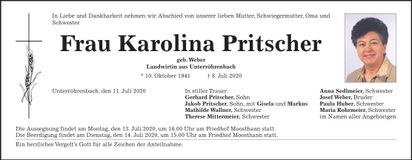 Traueranzeige Karolina Pritscher