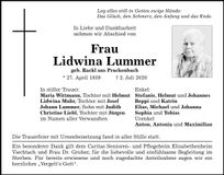Traueranzeige Lidwina Lummer