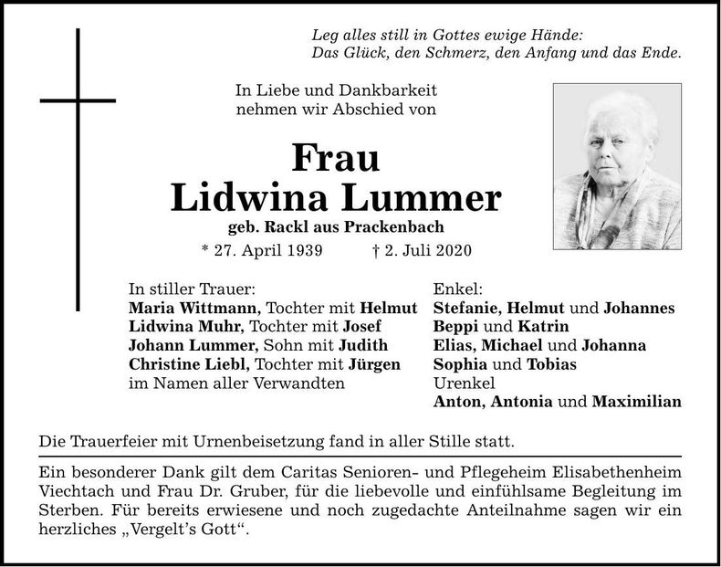 Traueranzeige Lidwina Lummer