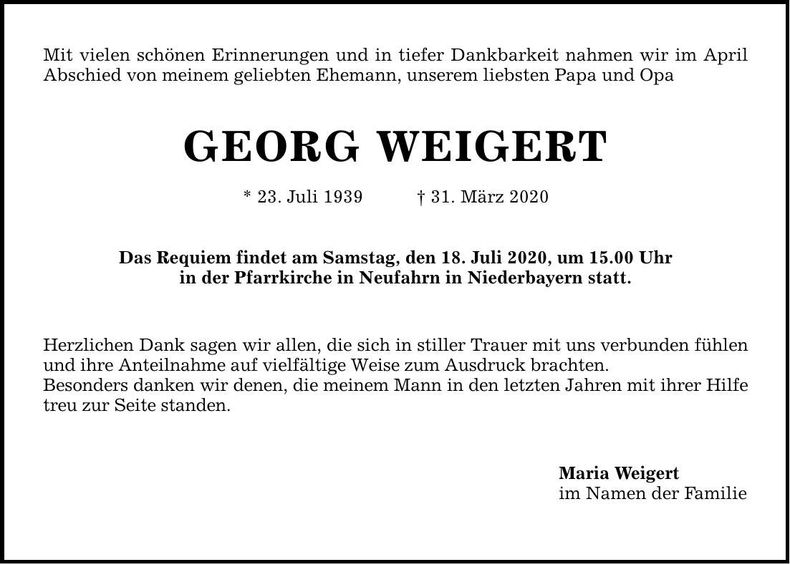 Traueranzeige Georg Weigert