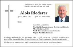 Traueranzeige Alois Riederer