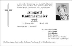 Traueranzeige Irmgard Kammermeier