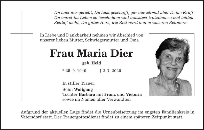 Traueranzeige Maria Dier
