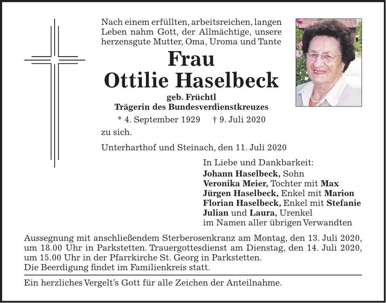 Traueranzeige Ottilie Haselbeck