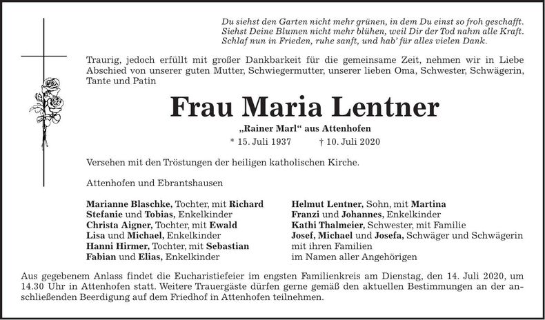 Traueranzeige Maria Lentner