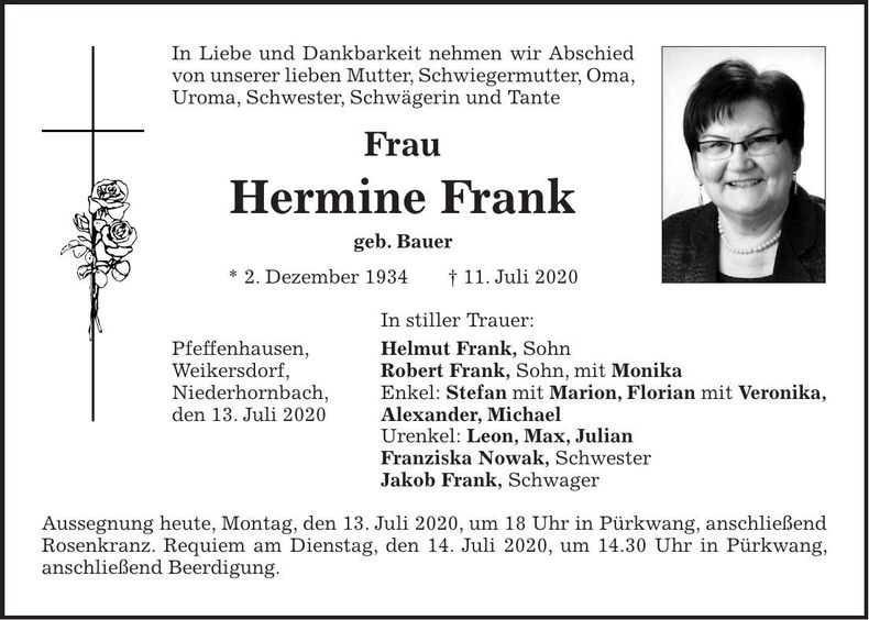 Traueranzeige Hermine Frank