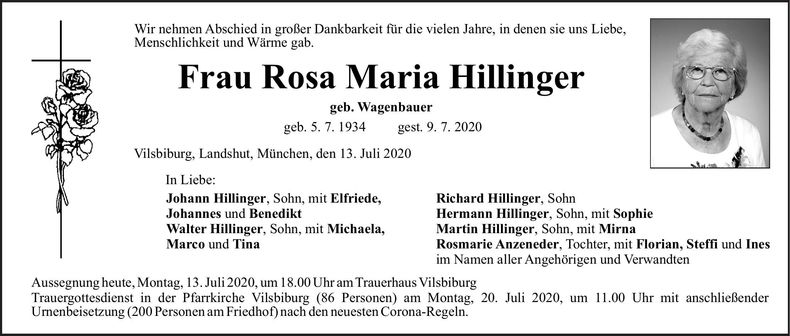 Traueranzeige Rosa Maria Hillinger