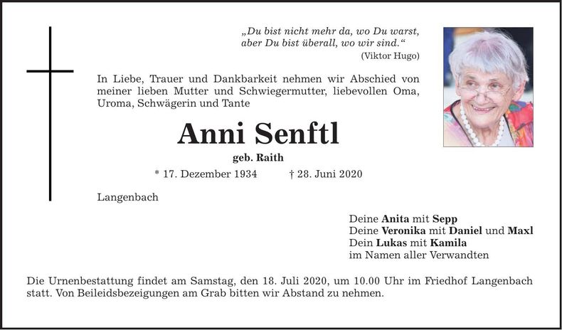 Traueranzeige Anni Senftl