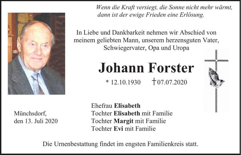 Traueranzeige Johann Forster