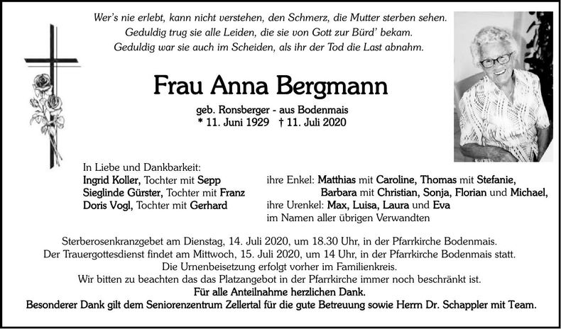 Traueranzeige Anna Bergmann