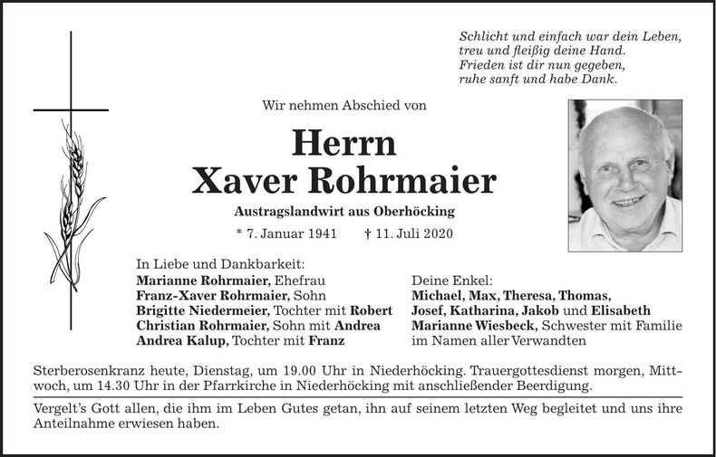 Traueranzeige Xaver Rohrmaier