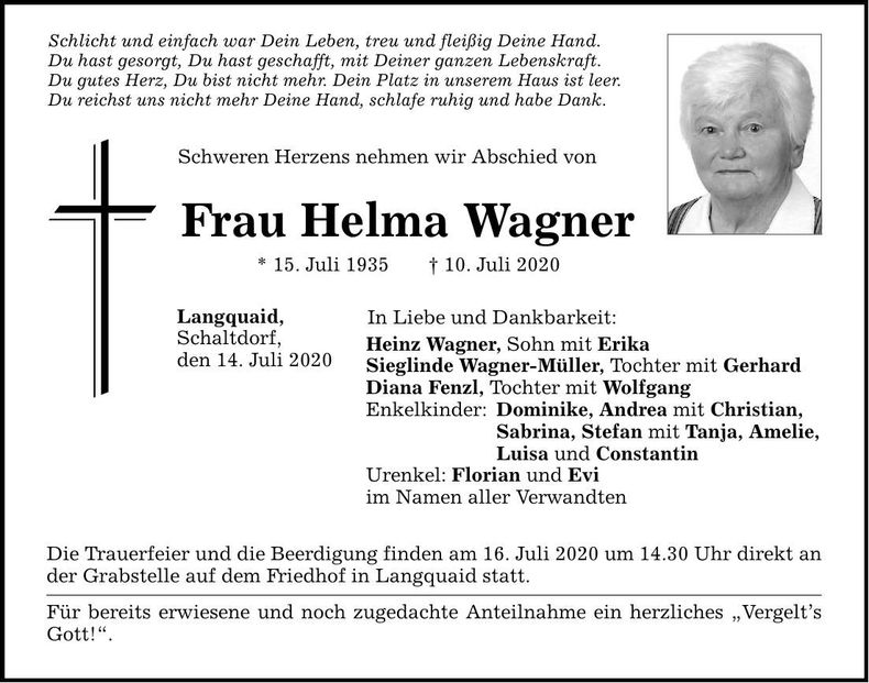 Traueranzeige Helma Wagner