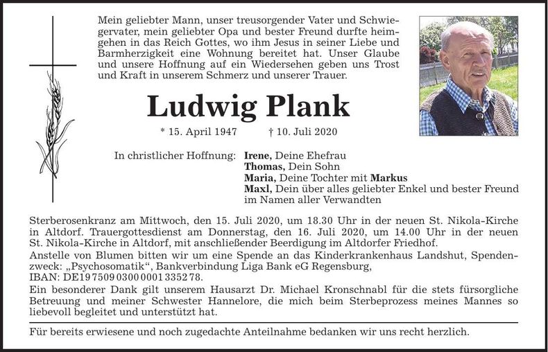 Traueranzeige Ludwig Plank