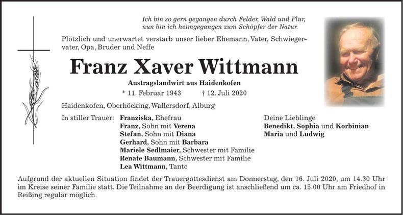 Traueranzeige Xaver Wittmann