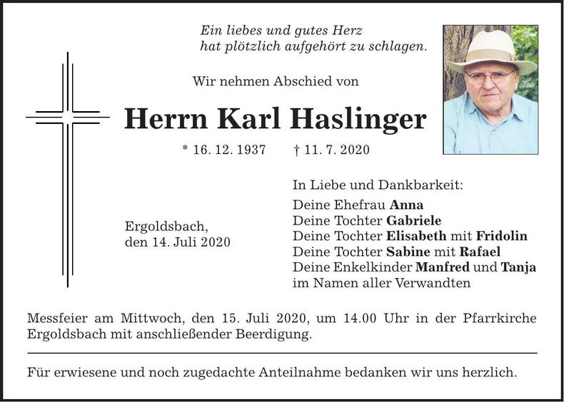 Traueranzeige Karl Haslinger