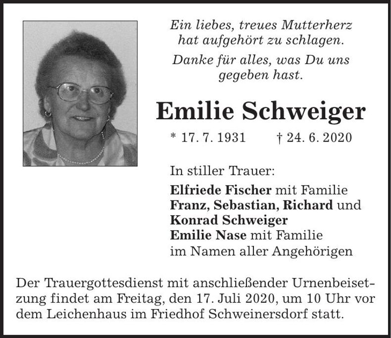 Traueranzeige Emilie Schweiger