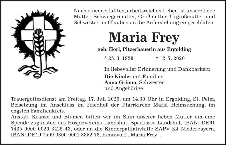 Traueranzeige Maria Frey
