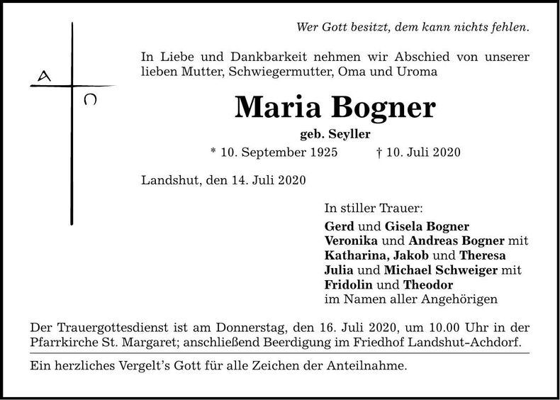 Traueranzeige Maria Bogner