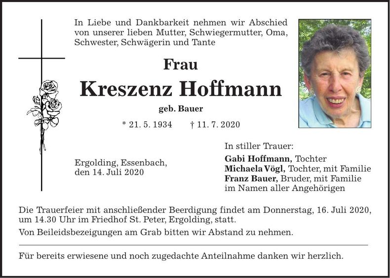 Traueranzeige Kreszenz Hoffmann