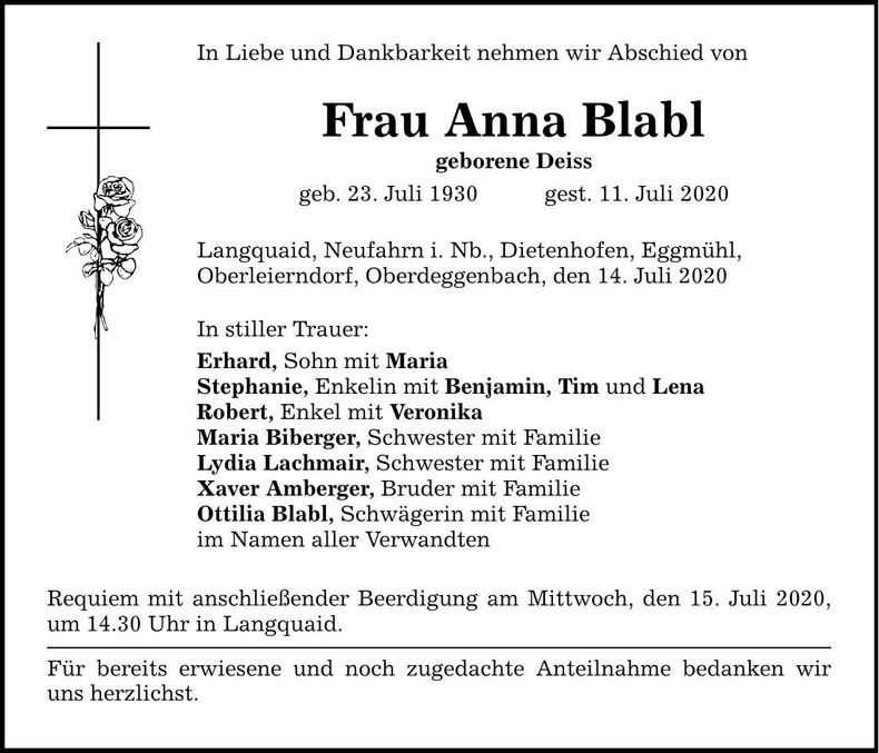 Traueranzeige Anna Blabl