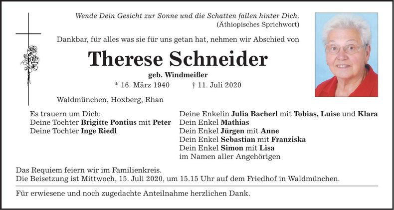 Traueranzeige Therese Schneider