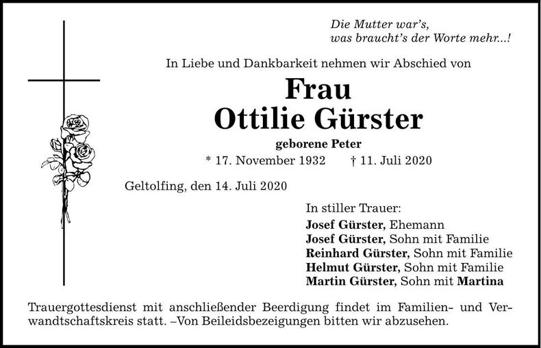 Traueranzeige Ottilie Gürster