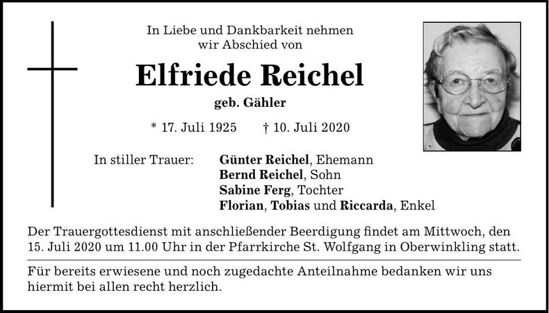 Traueranzeige Elfriede Reichl