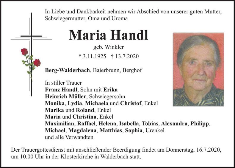 Traueranzeige Maria Handl