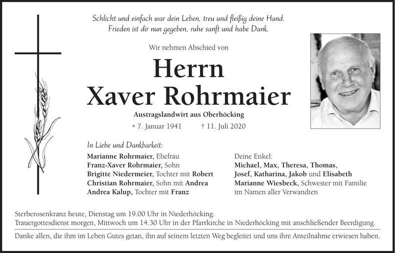 Traueranzeige Xaver Rohrmaier