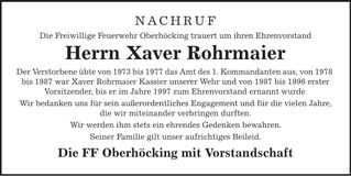 Traueranzeige Xaver Rohrmaier