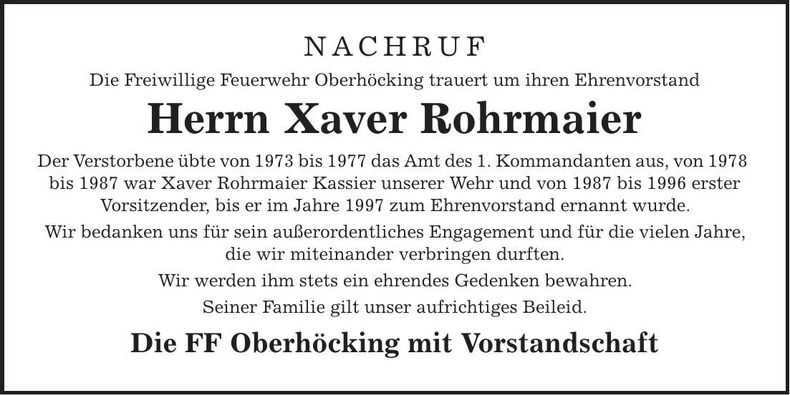Traueranzeige Xaver Rohrmaier