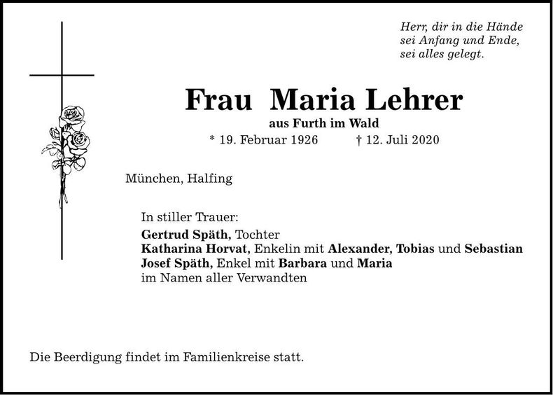 Traueranzeige Maria Lehrer