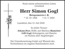 Traueranzeige Simon Gogl