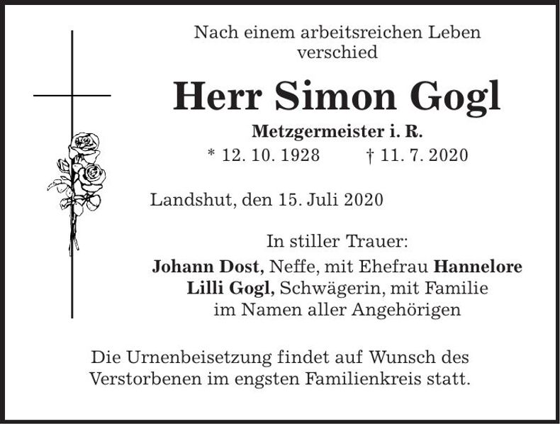Traueranzeige Simon Gogl
