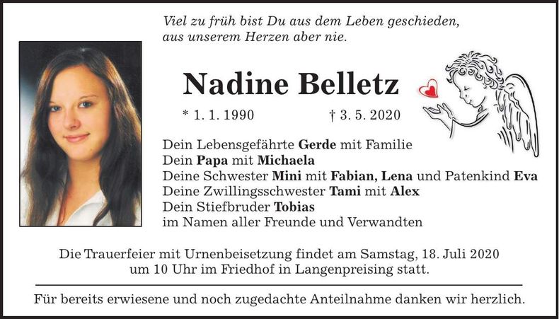 Traueranzeige Nadine Belletz