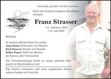 Traueranzeige Franz Xaver Strasser