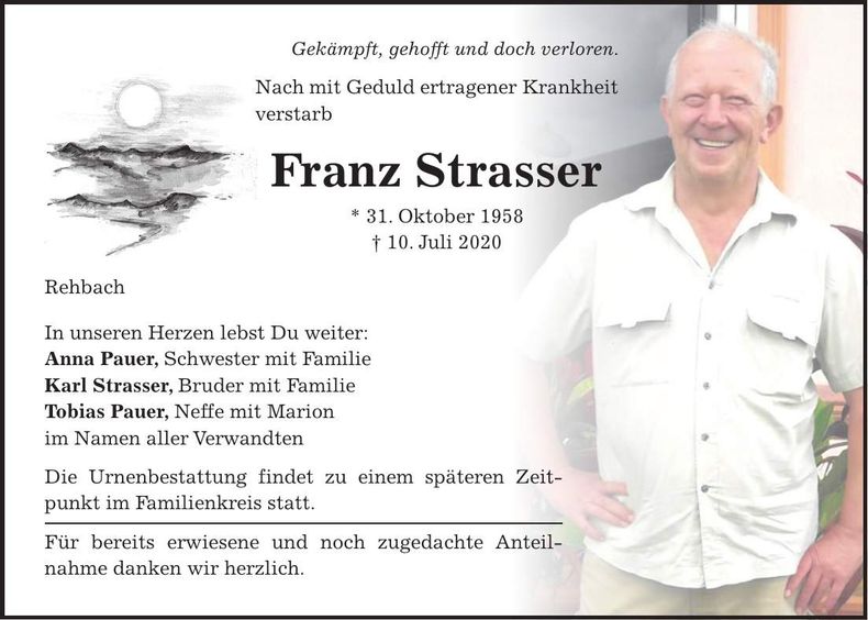 Traueranzeige Franz Xaver Strasser
