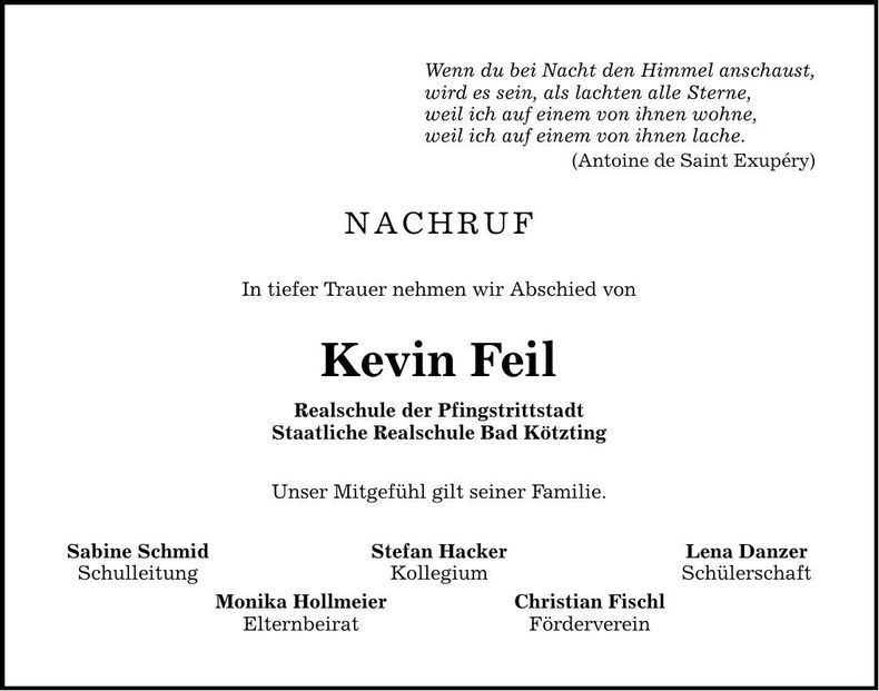 Traueranzeige Kevin Feil