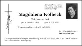 Traueranzeige Magdalena Kolbeck