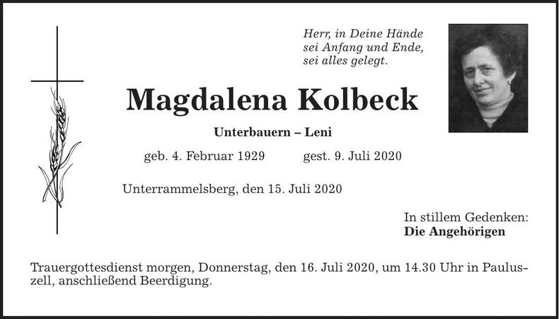 Traueranzeige Magdalena Kolbeck