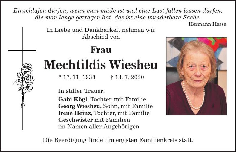 Traueranzeige Mechtildis Wiesheu